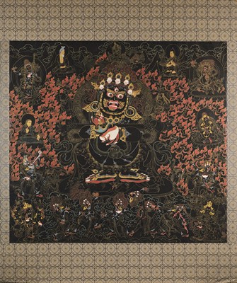 Lot 156 - A BLACK GROUND THANG-KA DEPICTING MAHAKALA, TIBET, 18TH/19TH CENTURY
