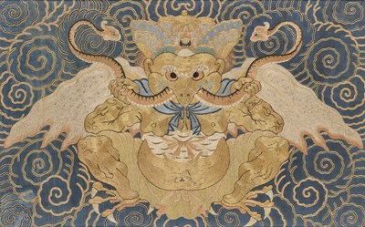 Lot 41 - A CHINESE EMBROIDERED SILK 'GARUDA' PANEL, MING DYNASTY, 14/15TH CENTURY