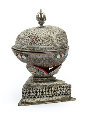 Lot 157 - A RITUAL SKULL BOWL (KAPALA), TIBET, 19TH CENTURY
