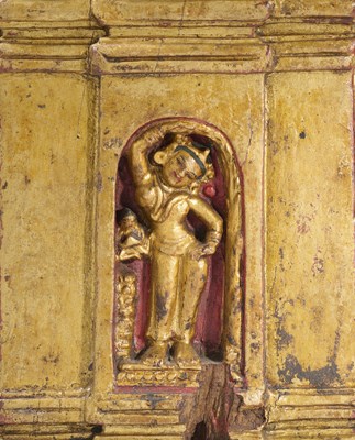 Lot 140 - A PALA GILT WOOD MODEL OF THE MAHABODHI SHRINE, BODH GAYA, INDIA, CIRCA 11TH CENTURY