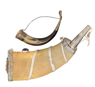 Lot 580 - A LARGE INDIAN DECORATIVE HORN, AND A CAUCASIAN CEREMONIAL DRINKING HORN, BOTH 20TH CENTURY
