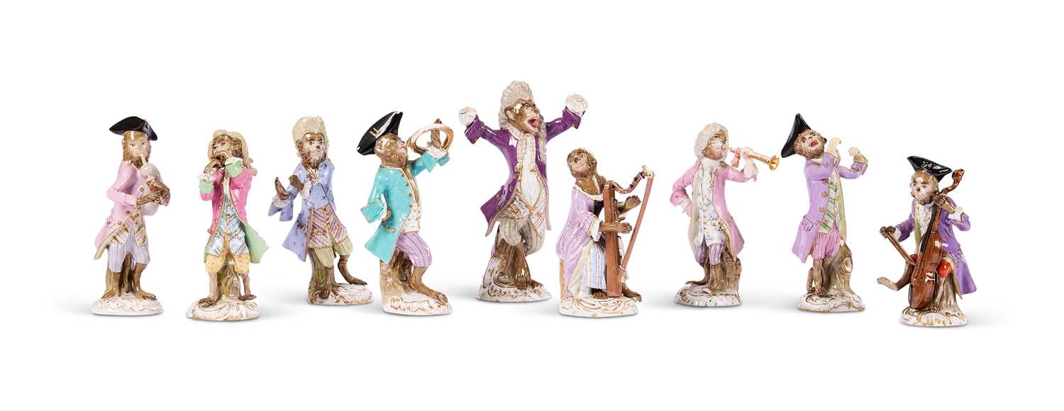 Lot 13 - A GROUP OF NINE MEISSEN MONKEY BAND (AFFENKAPELLE) FIGURES, MID 19TH CENTURY