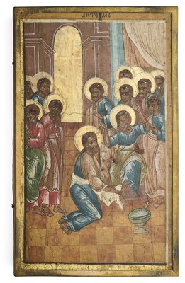 Lot 57 - AN ICON OF CHRIST WASHING THE DISCIPLES FEET, GREEK, CIRCA 1900