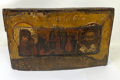 Lot 38 - AN ICON DEPICTING THE VIRGIN OF KAZAN; DESCENT INTO HELL, AND SAINT NICHOLAS, RUSSIAN, CIRCA 1700