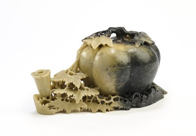 Lot 508 - A CHINESE CARVED AND PIERCED SOAPSTONE 'PUMPKIN' BOX AND COVER, 20TH CENTURY