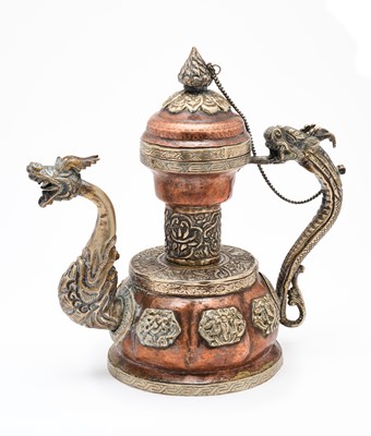 Lot 238 - A COPPER AND BRASS TEAPOT, TIBET, 20TH CENTURY