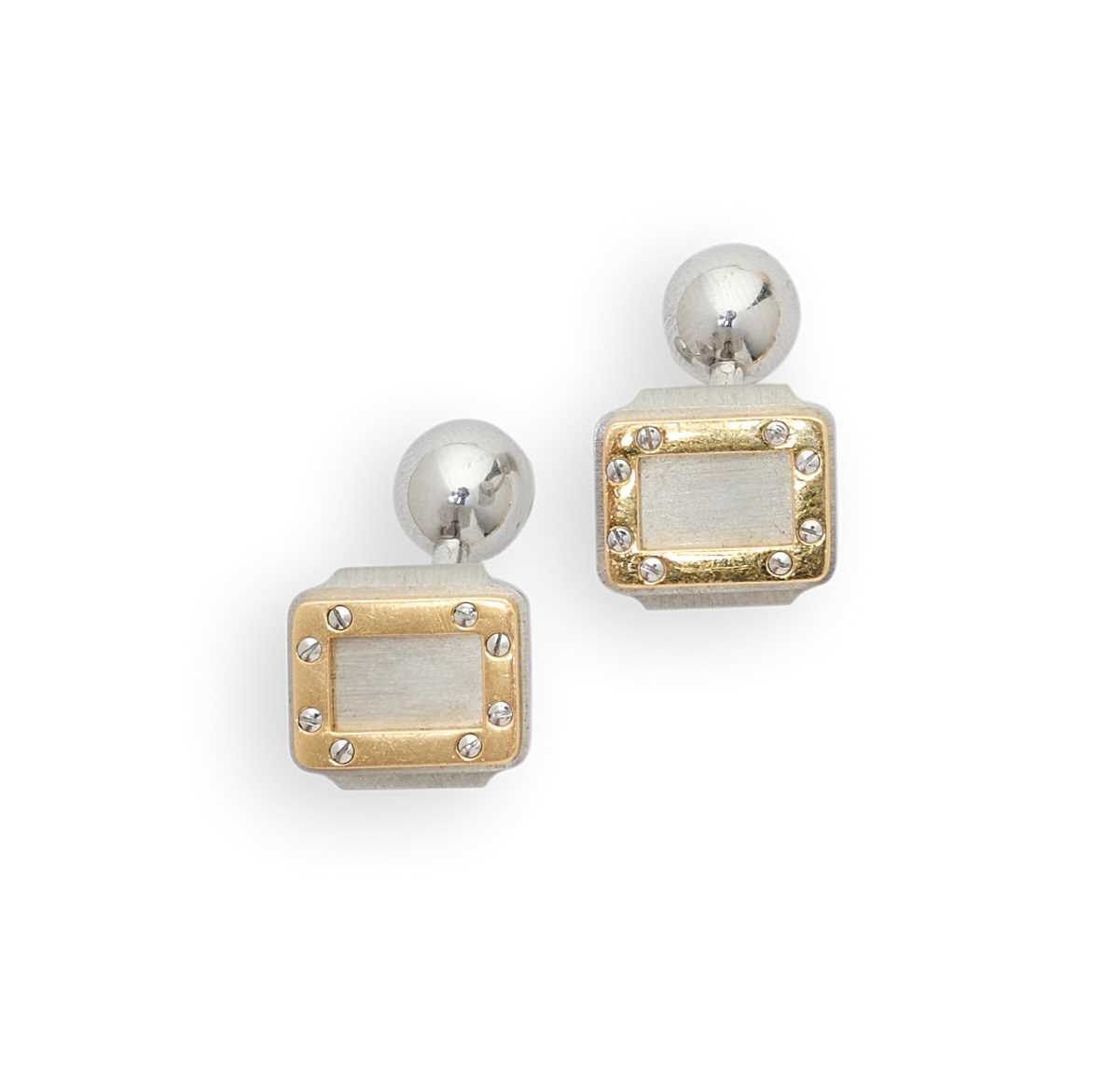 Lot 313 - CARTIER: PAIR OF 'SANTOS' STEEL CUFFLINKS