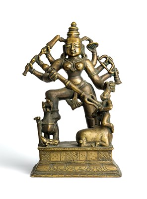 Lot 189 - A BRONZE FIGURE OF DURGA MAHISASURAMARDINI, WESTERN DECCAN, CIRCA 18TH CENTURY