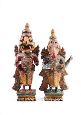 Lot 222 - TWO PAINTED WOOD FIGURES OF AVATARS OF VISHNU, KONDAPILLY, SOUTH INDIA, 19TH CENTURY
