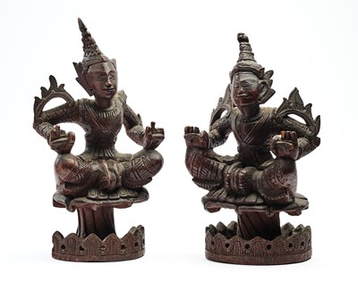 Lot 229 - A PAIR OF CARVED WOOD FIGURES OF NATS, BURMA (MYANMAR), LATE 19TH CENTURY
