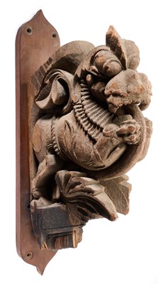 Lot 71 - AN ARCHITECTURAL BRACKET IN THE FORM OF A MYTHICAL LION, SOUTH INDIA, 19TH CENTURY