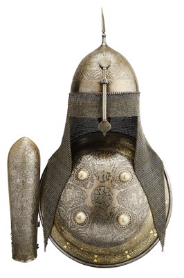 Lot 22 - A FINE PERSIAN KULAH KHUD, DHAL AND BAZU BAND, QAJAR, 19TH CENTURY