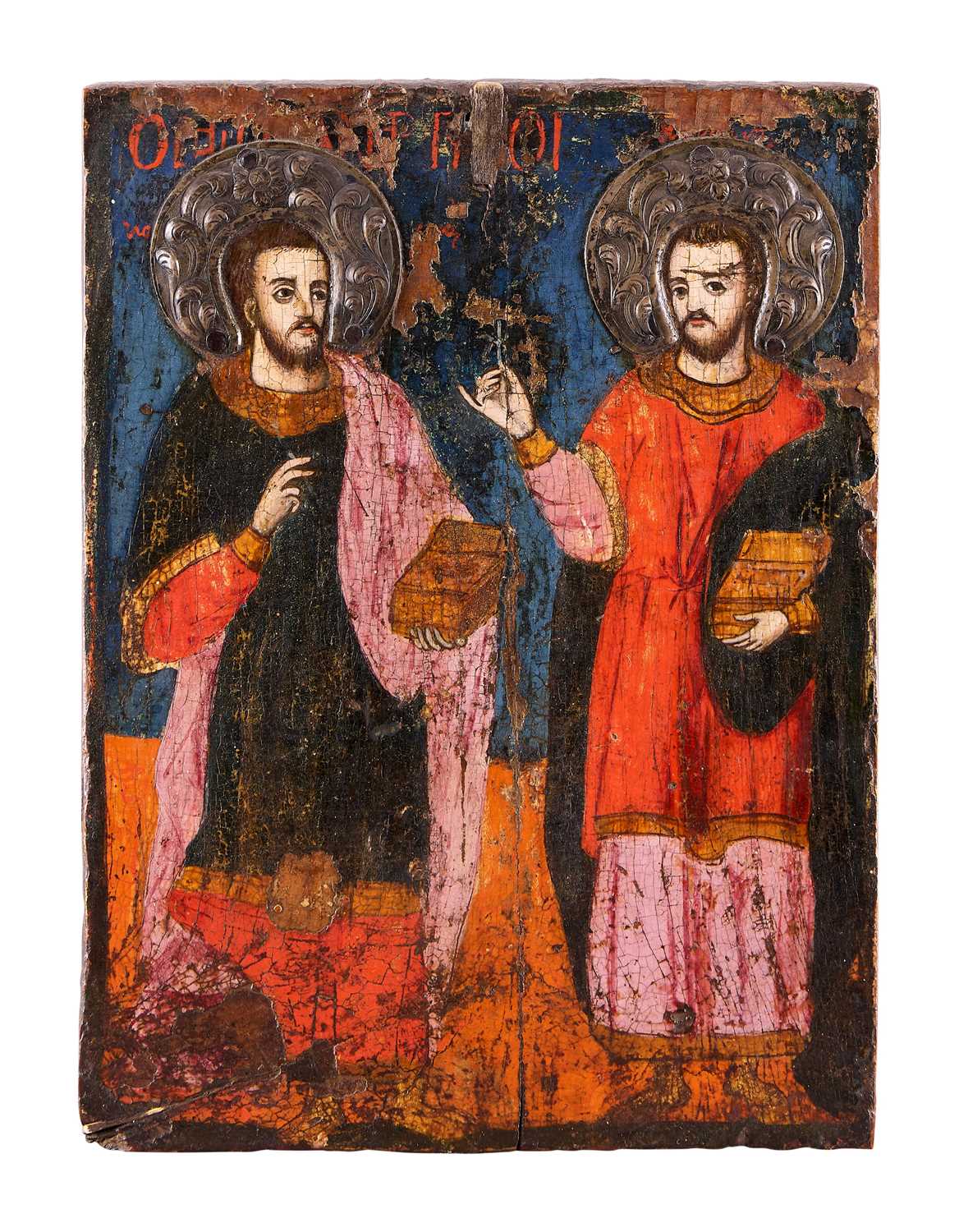 Lot 50 - AN ICON OF SAINTS COSMAS AND DAMIAN, GREEK, CIRCA 1800