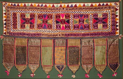 Lot 172 - A CLOTH DOOR HANGING (TORANA), GUJARAT, WESTERN INDIA, 20TH CENTURY