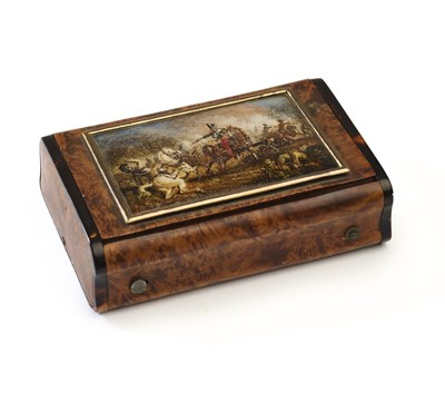 Lot 290 - A FRENCH BURR WOOD MUSICAL SNUFF BOX, PARIS, CIRCA 1830