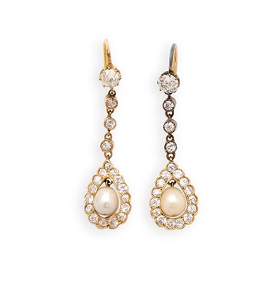 Lot 614 - PAIR OF DIAMOND AND PEARL PENDENT EARRINGS, 1910s
