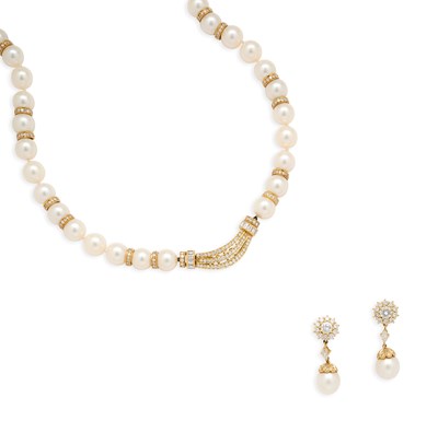 Lot 700 - CULTURED PEARL AND DIAMOND NECKLACE AND PAIR OF PENDENT EARRINGS, 1980s