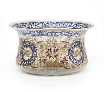 Lot 116 - A GILDED AND ENAMELLED GLASS 'MAMLUK REVIVAL' BASIN, FRANCE, SECOND HALF 19TH CENTURY