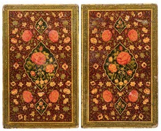 Lot 14 - A PAIR OF QAJAR LACQUERED PAPIER MACHE BOOK COVERS, PERSIA, 19TH CENTURY