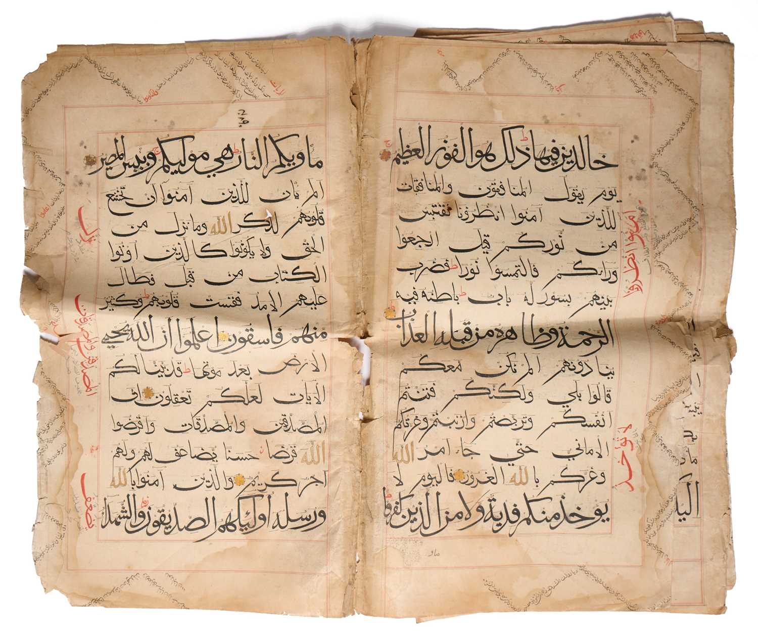 Lot 28 - A BIFOLIUM AND FIVE FOLIOS FROM A LARGE SULTANATE QUR'AN IN BIHARI SCRIPT, INDIA, CIRCA 16TH CENTURY