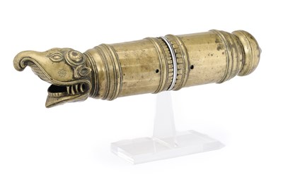 Lot 198 - TWO BRASS FINIALS FROM A PALANQUIN POLE, PROBABLY MYSORE, KARNATAKA, CIRCA 18TH CENTURY