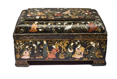 Lot 13 - A QAJAR LACQUERED PAPIER MACHE BOX AND COVER, PERSIA, 19TH CENTURY