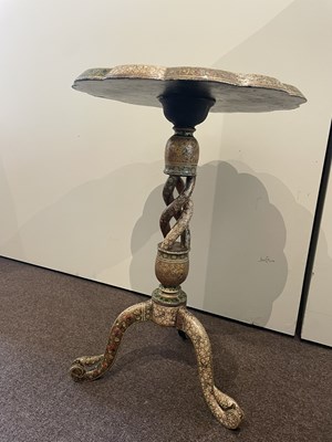 Lot 212 - A KASHMIR POLYCHROME PAINTED AND LACQUERED WOOD TRIPOD TABLE, CIRCA 1880