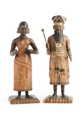 Lot 223 - A PAIR OF CARVED AND PAINTED WOOD FIGURES, PROBABLY KONDAPALLI, EASTERN DECCAN, INDIA, CIRCA 1880
