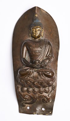 Lot 100 - A TIBETAN PARCEL-GILT REPOUSSE COPPER BUDDHA PLAQUE, 18TH CENTURY