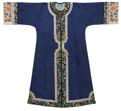 Lot 57 - A CHINESE WOMAN'S SILK EMBROIDERED BLUE-GROUND ROBE, CHANGYI, QING DYNASTY, LATER 19TH CENTURY