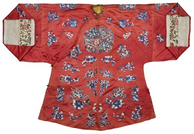 Lot 56 - A CHINESE WOMAN'S SILK EMBROIDERED RED-GROUND ROBE, CHANGYI, QING DYNASTY, LATER 19TH CENTURY