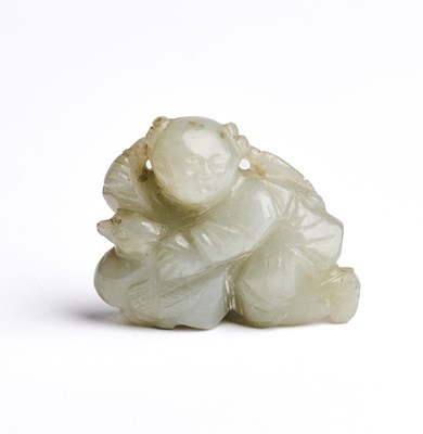 Lot 83 - A CHINESE CELADON JADE BOY AND GOOSE GROUP, QING DYNASTY, 19TH CENTURY