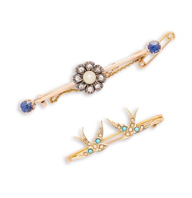 Lot 627 - TWO GEM-SET BAR BROOCHES, 1900s