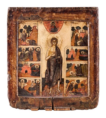 Lot 36 - AN ICON OF SAINT MARY OF EGYPT AND SCENES FROM HER LIFE, RUSSIAN, CIRCA 1700
