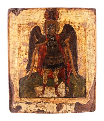 Lot 37 - AN ICON OF ARCHANGEL MICHAEL, RUSSIAN, CIRCA 1700