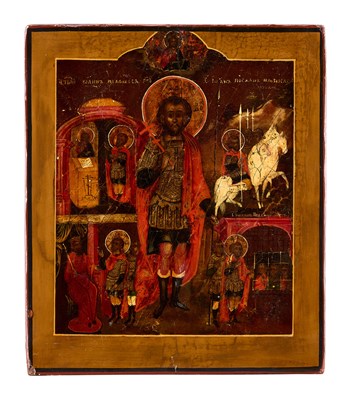 Lot 523 - AN ICON OF ST THEODORE STRATELATES AND SCENES FROM HIS LIFE, RUSSIAN, 18TH CENTURY