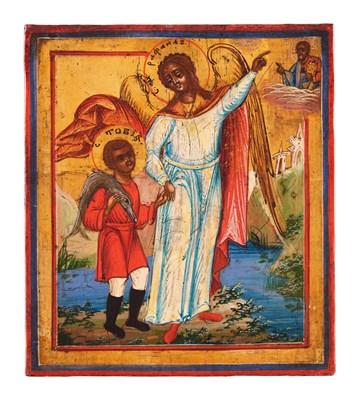 Lot 42 - AN ICON OF TOBIAS AND THE ANGEL, RUSSIAN, LATE 18TH CENTURY