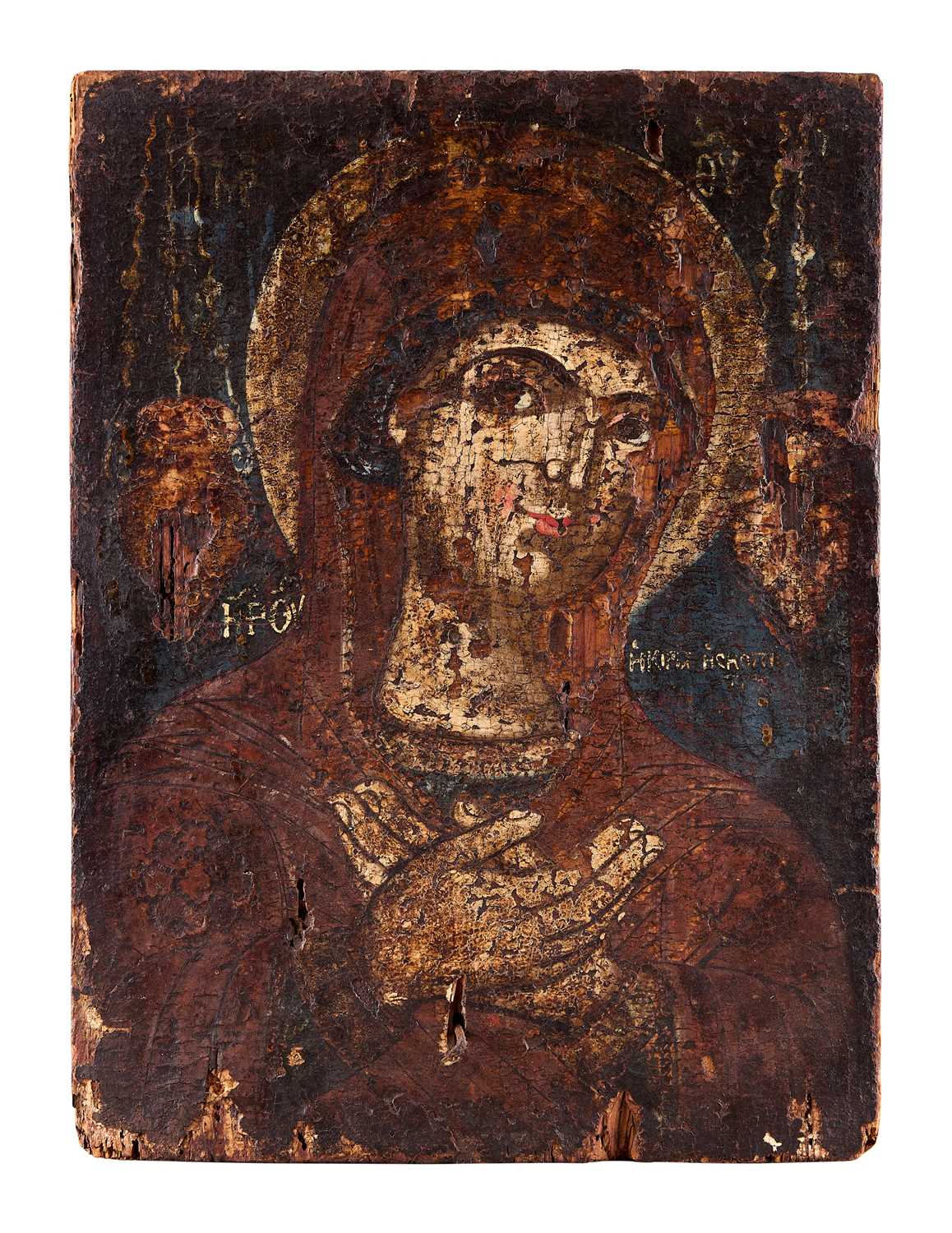 Lot 53 - AN ICON OF THE VIRGIN AT PRAYER, GREEK VILLAGE SCHOOL, 19TH CENTURY