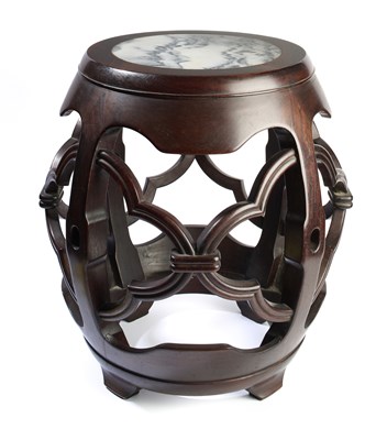 Lot 131 - A CHINESE MARBLE-INSET HONGMU BARREL-FORM DRUM STOOL, QING DYNASTY, 19TH CENTURY
