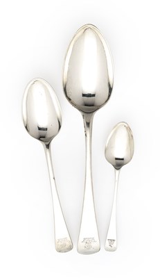 Lot 162 - A SET OF TWELVE GEORGE III SILVER TABLESPOONS AND SIX DESSERT SPOONS, RICHARD CROSSLEY, LONDON, 1789 / 91