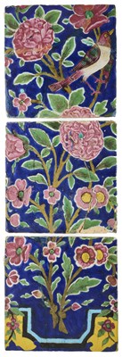 Lot 105 - THREE QAJAR GLAZE PAINTED AND CUERDA SECA TILES, PERSIA, SECOND HALF 19TH CENTURY