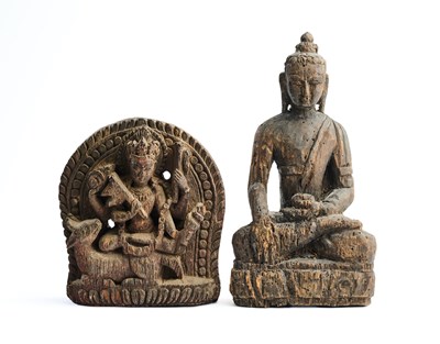 Lot 243 - A SMALL CARVED WOOD RELIEF DEPICTING SIVA ON NANDI, NEPAL, 17TH/18TH CENTURY