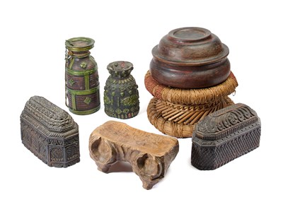 Lot 244 - A GROUP OF WOOD OBJECTS, MOSTLY HIMALAYAN, EARLY 20TH CENTURY