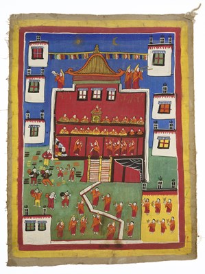 Lot 150 - A THANG-KA DEPICTING MONKS IN A MONASTERY, NEPAL OR TIBET, MID-20TH CENTURY