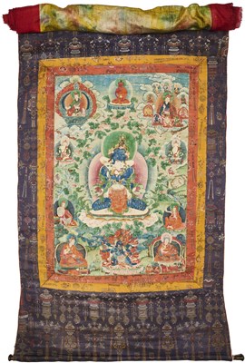 Lot 155 - A SINO-TIBETAN THANG-KA DEPICTING VAJRADHARA IN YAB-YUM WITH HIS CONSORT