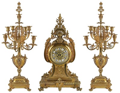 Lot 294 - A LARGE GILT-BRONZE THREE-PIECE CLOCK GARNITURE