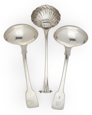 Lot 152 - THREE GEORGIAN SILVER SAUCE LADLES, LONDON, 1768 / 1822