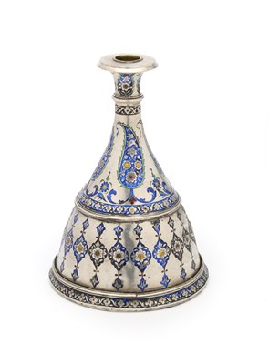 Lot 96 - A QAJAR ENAMELLED SILVER NARGILEH BASE, PERSIA, FIRST HALF 19TH CENTURY