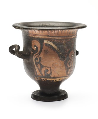 Lot 65 - A MINIATURE APULIAN RED-FIGURE BELL CRATER, CIRCA 4TH CENTURY B.C.