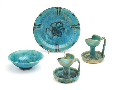 Lot 84 - FOUR KASHAN TURQUOISE GLAZED VESSELS, PERSIA, 13TH CENTURY